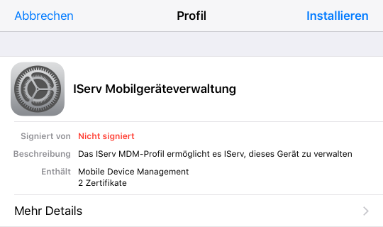 Screenshot der Vorschau des zu installierenden Konfigurationsprofils in der Einstellungen-App des Mobilgeräts
